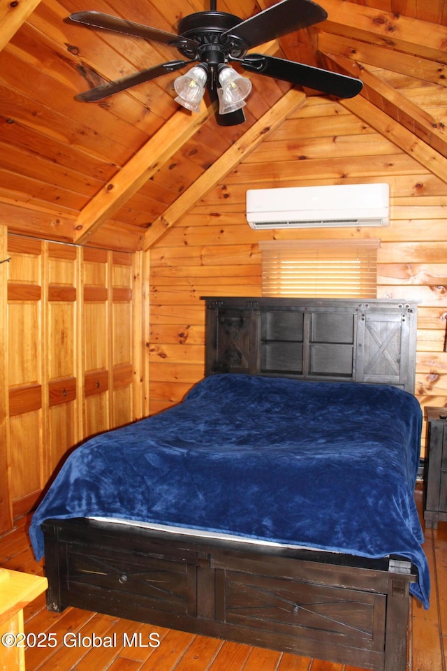 127 Fording Rd, Esperance, NY 12066 - bedroom with wood-type flooring, wood walls, a wall mounted AC, wooden ceiling, and lofted ceiling with beams