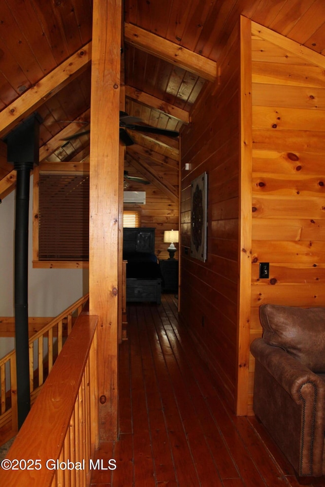 127 Fording Rd, Esperance, NY 12066 - hall with vaulted ceiling with beams, wood ceiling, wooden walls, and wood-type flooring