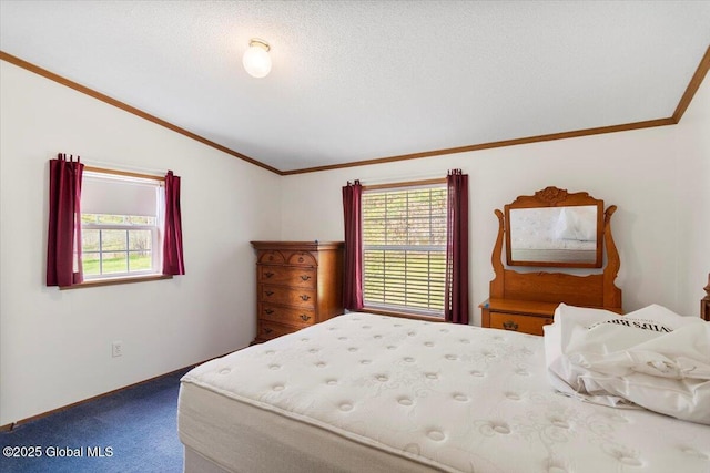 carpeted bedroom with multiple windows, ornamental molding, and lofted ceiling