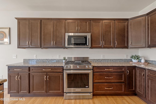 3 Riverside Ct, Stillwater, NY 12170 - kitchen featuring light wood-type flooring, light stone counters, appliances with stainless steel finishes, and dark brown cabinetry
