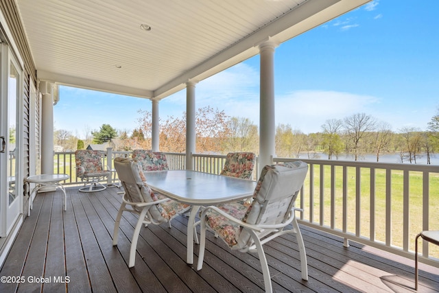 3 Riverside Ct, Stillwater, NY 12170 - wooden deck with a water view, outdoor dining area, and a lawn