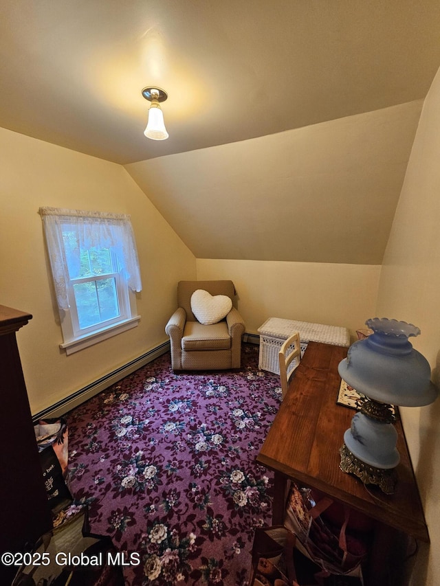 interior space with carpet flooring, lofted ceiling, and a baseboard heating unit