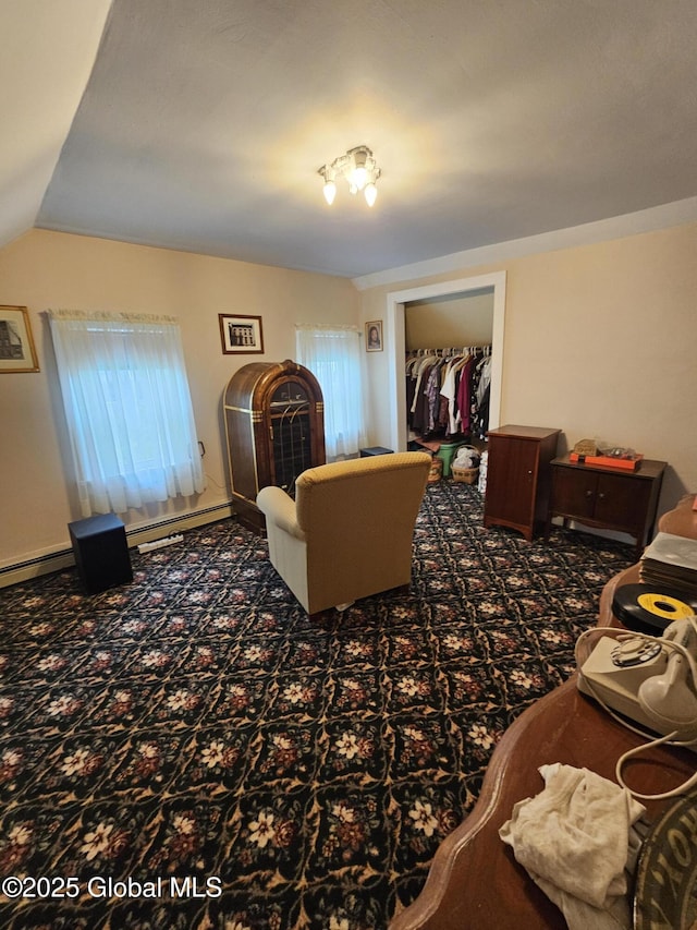 carpeted living room featuring plenty of natural light, baseboards, and vaulted ceiling