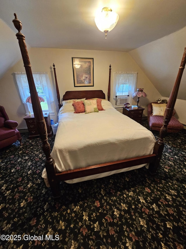 carpeted bedroom featuring cooling unit and vaulted ceiling