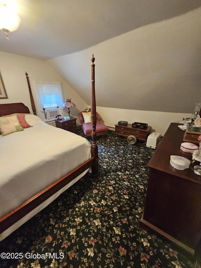 carpeted bedroom with cooling unit and lofted ceiling