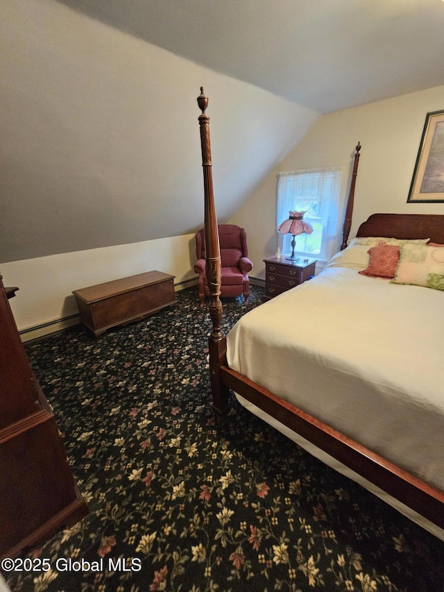 bedroom featuring carpet and vaulted ceiling