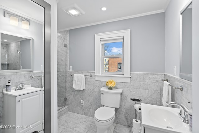 full bath featuring a stall shower, tile walls, and marble finish floor