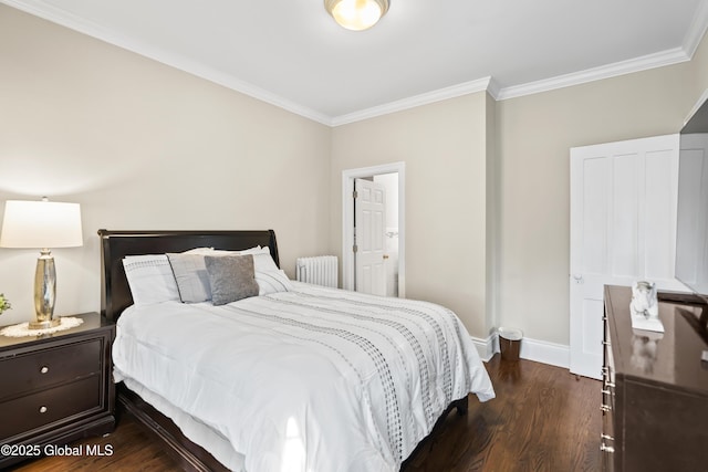bedroom with baseboards, dark wood-style flooring, radiator heating unit, and crown molding