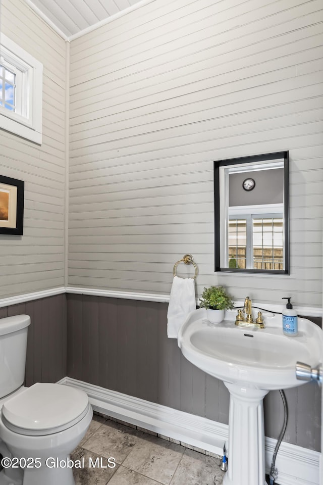 bathroom featuring toilet, wood walls, and a healthy amount of sunlight