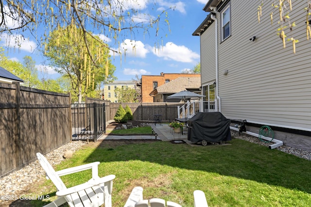 view of yard featuring a fenced backyard and a patio