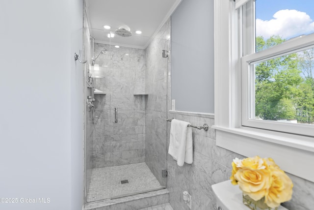 bathroom featuring a shower stall and recessed lighting