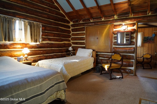 bedroom with carpet, log walls, and high vaulted ceiling