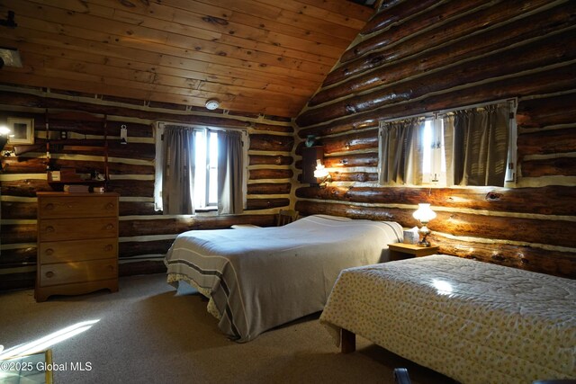 carpeted bedroom with rustic walls, wooden ceiling, and high vaulted ceiling