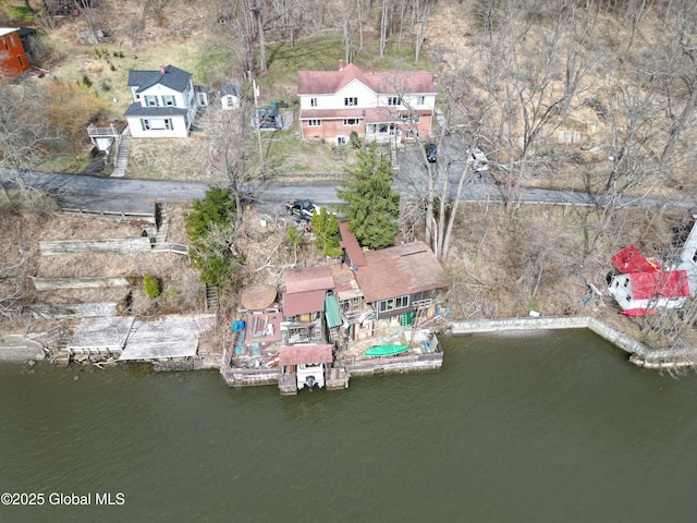 drone / aerial view featuring a water view