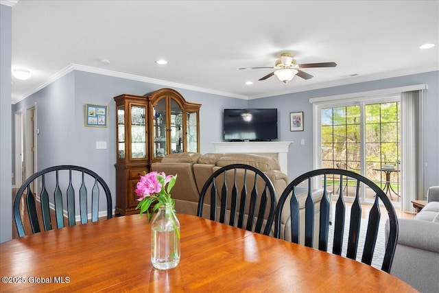 51 Treasures Pl, Queensbury, NY 12804 - dining room with baseboards, recessed lighting, a fireplace, and ceiling fan