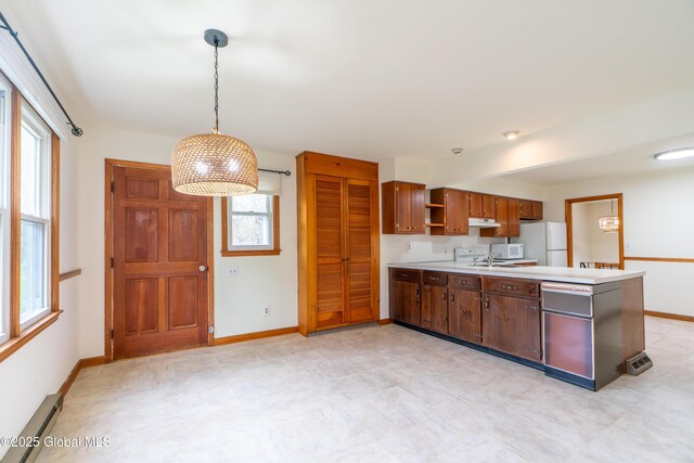 27 Patricia Ln, Saratoga Springs, Inside, NY 12866 - kitchen with light countertops, freestanding refrigerator, open shelves, a peninsula, and light flooring