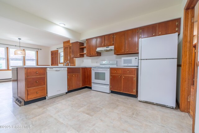 27 Patricia Ln, Saratoga Springs, Inside, NY 12866 - kitchen with white appliances, open shelves, brown cabinetry, and under cabinet range hood