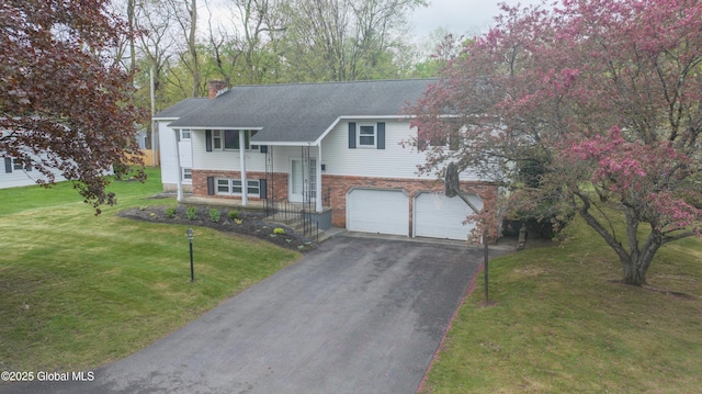 27 Patricia Ln, Saratoga Springs, Inside, NY 12866 - bi-level home with asphalt driveway, an attached garage, a chimney, brick siding, and a front yard