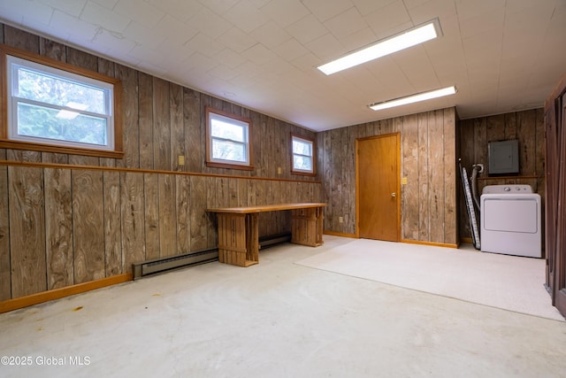 27 Patricia Ln, Saratoga Springs, Inside, NY 12866 - below grade area with washer / dryer, a baseboard heating unit, electric panel, and wooden walls