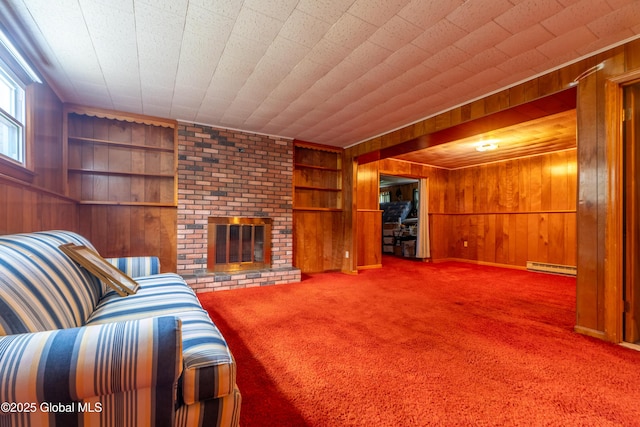 27 Patricia Ln, Saratoga Springs, Inside, NY 12866 - carpeted living room with wooden walls, baseboard heating, a brick fireplace, and built in shelves