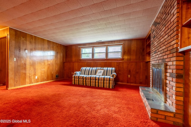 27 Patricia Ln, Saratoga Springs, Inside, NY 12866 - sitting room featuring a brick fireplace, wooden walls, and carpet flooring