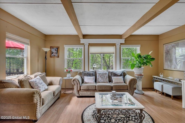 living room featuring beamed ceiling and light wood-type flooring