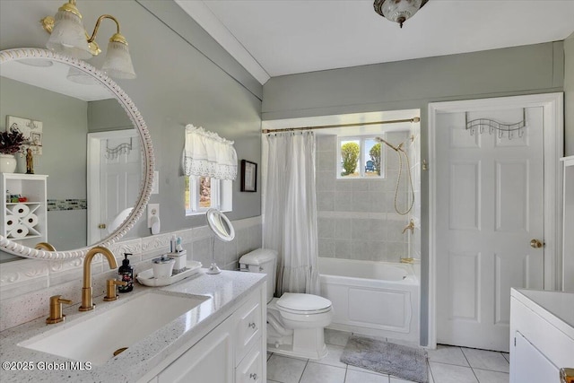 full bath featuring tile patterned floors, toilet, shower / bath combo, and vanity