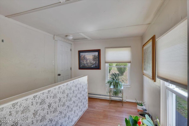 hall featuring wood finished floors and a baseboard heating unit