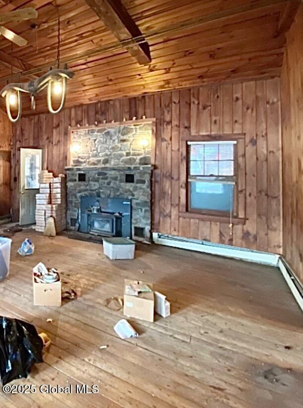 unfurnished living room with wood-type flooring, wooden walls, and a wood stove