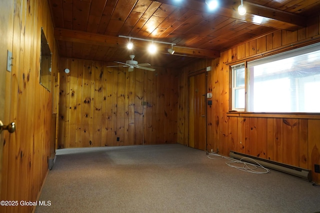 6222 Rte 9n, Hadley, NY 12835 - carpeted empty room with track lighting, wood ceiling, wooden walls, beam ceiling, and baseboard heating