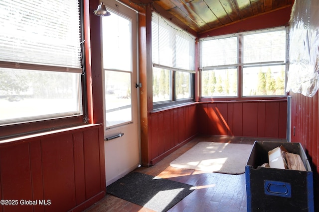 6222 Rte 9n, Hadley, NY 12835 - unfurnished sunroom featuring hardwood / wood-style floors, vaulted ceiling, wooden ceiling, and wooden walls