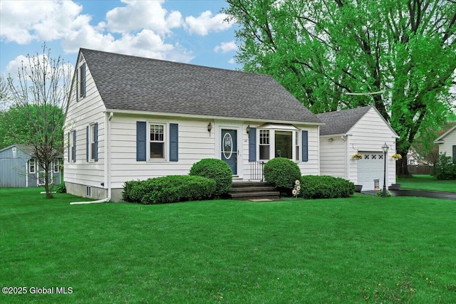 cape cod house with a front yard, roof with shingles, a garage, and asphalt driveway