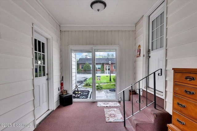 entryway with carpet, ornamental molding, and wooden walls