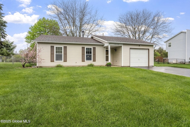 single story home featuring a garage, concrete driveway, and roof with shingles