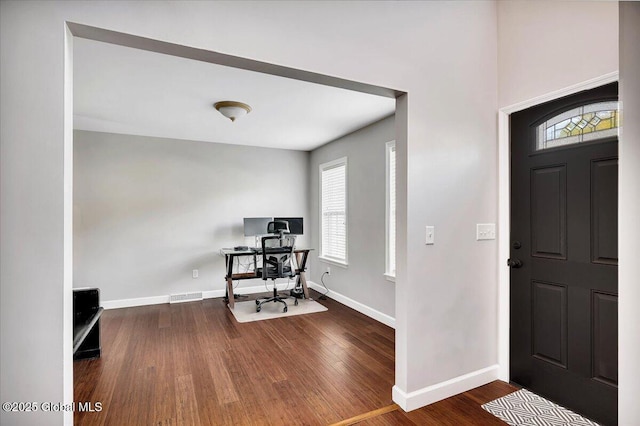 entryway featuring wood finished floors, healthy amount of natural light, and baseboards