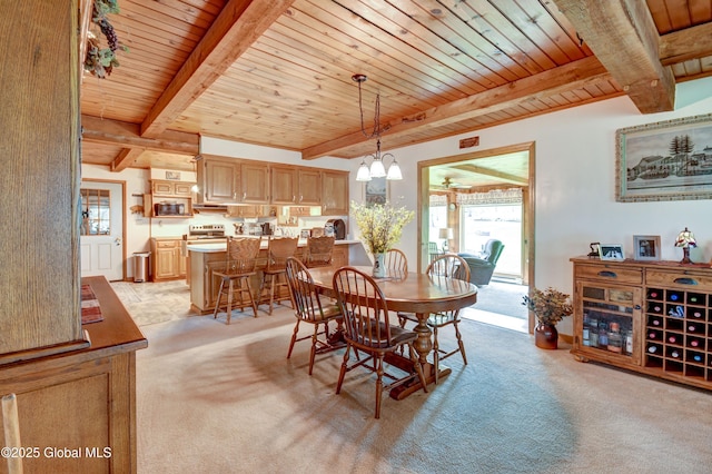506 Nellis Rd, Palatine, NY 13339 - dining space with wooden ceiling, beamed ceiling, light carpet, and a chandelier