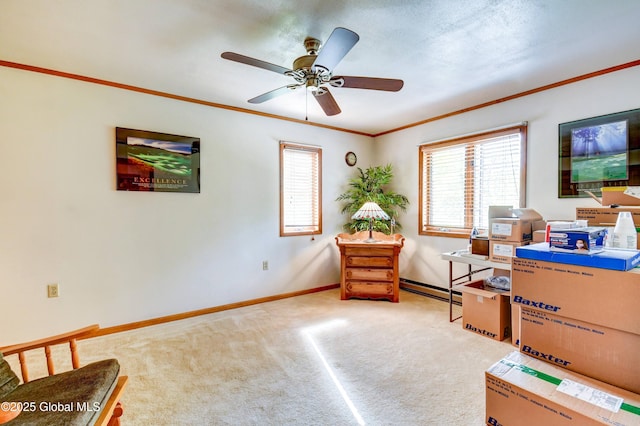 506 Nellis Rd, Palatine, NY 13339 - living area with baseboards, crown molding, light colored carpet, a ceiling fan, and a baseboard heating unit