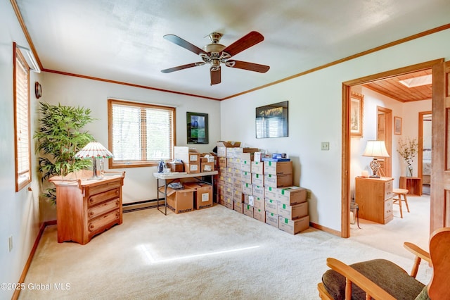 506 Nellis Rd, Palatine, NY 13339 - sitting room featuring carpet, a baseboard radiator, a ceiling fan, baseboards, and crown molding