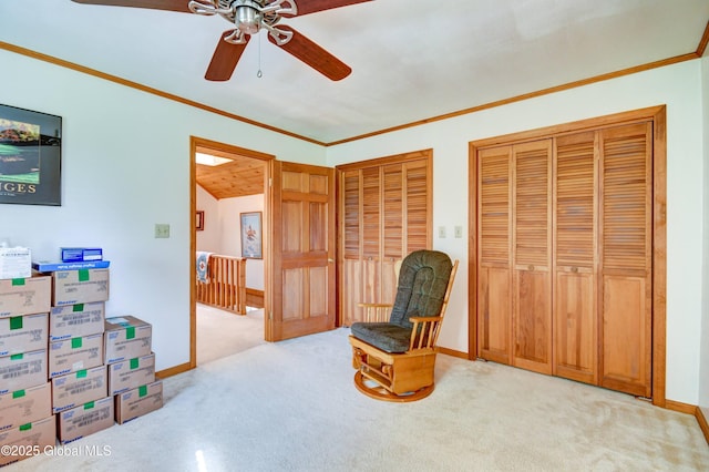 506 Nellis Rd, Palatine, NY 13339 - sitting room with carpet, ceiling fan, ornamental molding, and baseboards