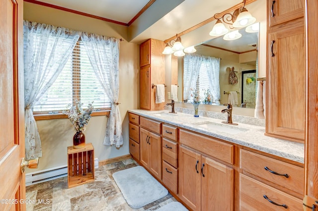 506 Nellis Rd, Palatine, NY 13339 - full bath featuring baseboard heating, ornamental molding, double vanity, baseboards, and stone finish flooring