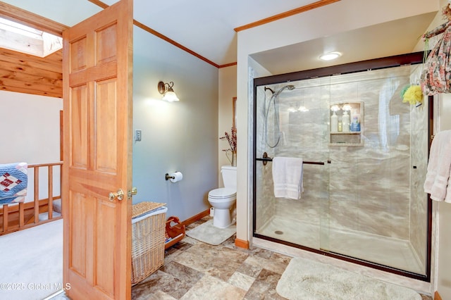 506 Nellis Rd, Palatine, NY 13339 - full bath with a stall shower, ornamental molding, toilet, baseboards, and stone finish floors