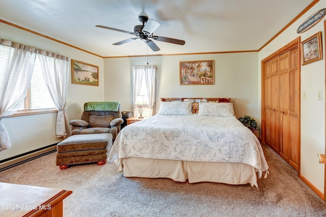 506 Nellis Rd, Palatine, NY 13339 - carpeted bedroom featuring crown molding, a ceiling fan, a baseboard heating unit, and a closet