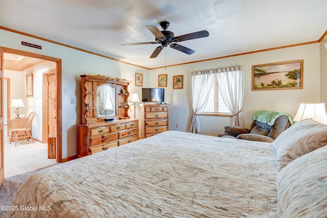506 Nellis Rd, Palatine, NY 13339 - bedroom featuring carpet floors, ornamental molding, baseboards, and ceiling fan