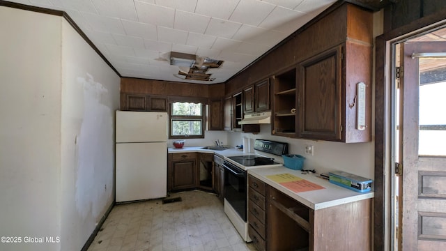 47 Davis Rd, Schroon, NY 12870 - kitchen featuring freestanding refrigerator, open shelves, electric range, light floors, and under cabinet range hood