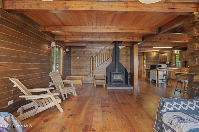 89 Captains Cv, Crown Point, NY 12928 - living room with wood-type flooring, wood ceiling, wood walls, beamed ceiling, and a wood stove