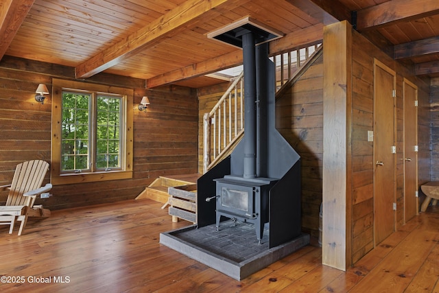 89 Captains Cv, Crown Point, NY 12928 - detailed view of wooden walls, wooden ceiling, beamed ceiling, a wood stove, and wood finished floors
