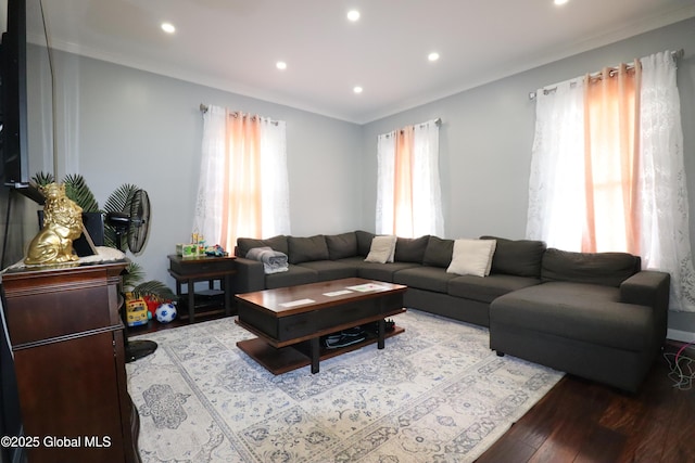 living area featuring wood finished floors, recessed lighting, and crown molding