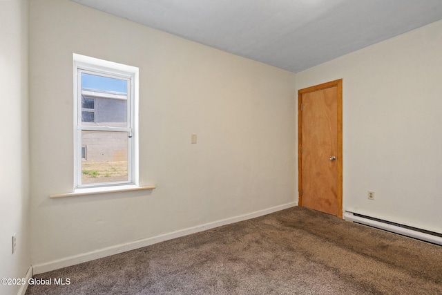 unfurnished room with a baseboard radiator, carpet, baseboards, and plenty of natural light