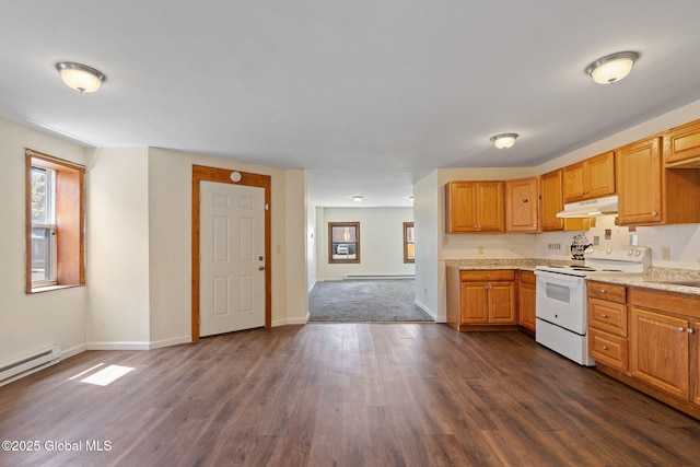 kitchen featuring under cabinet range hood, baseboards, white electric stove, and dark wood finished floors