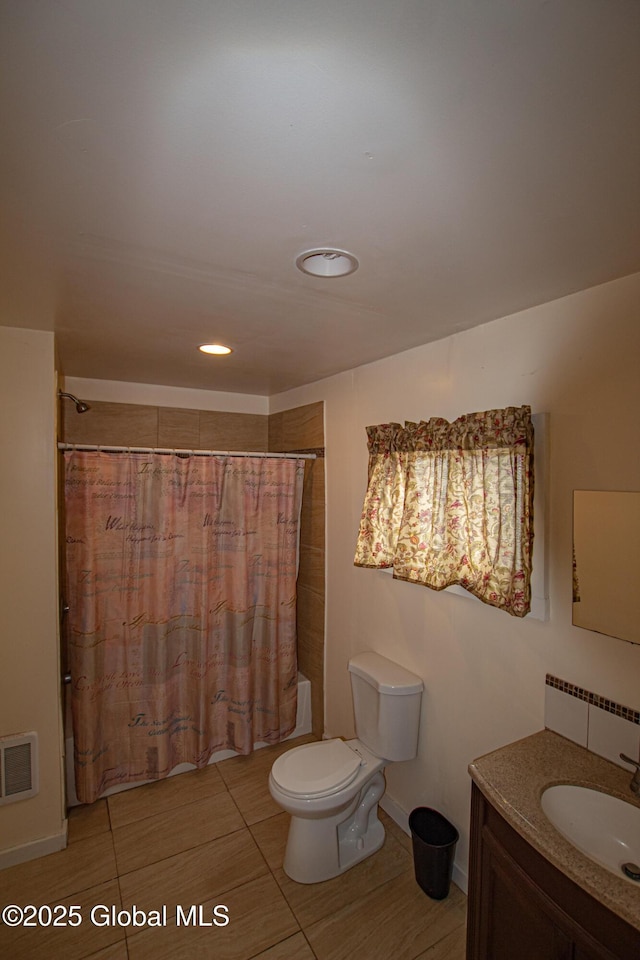 27 Kingsboro Ave, Gloversville, NY 12078 - bathroom with shower / bath combination with curtain, toilet, visible vents, tile patterned flooring, and vanity